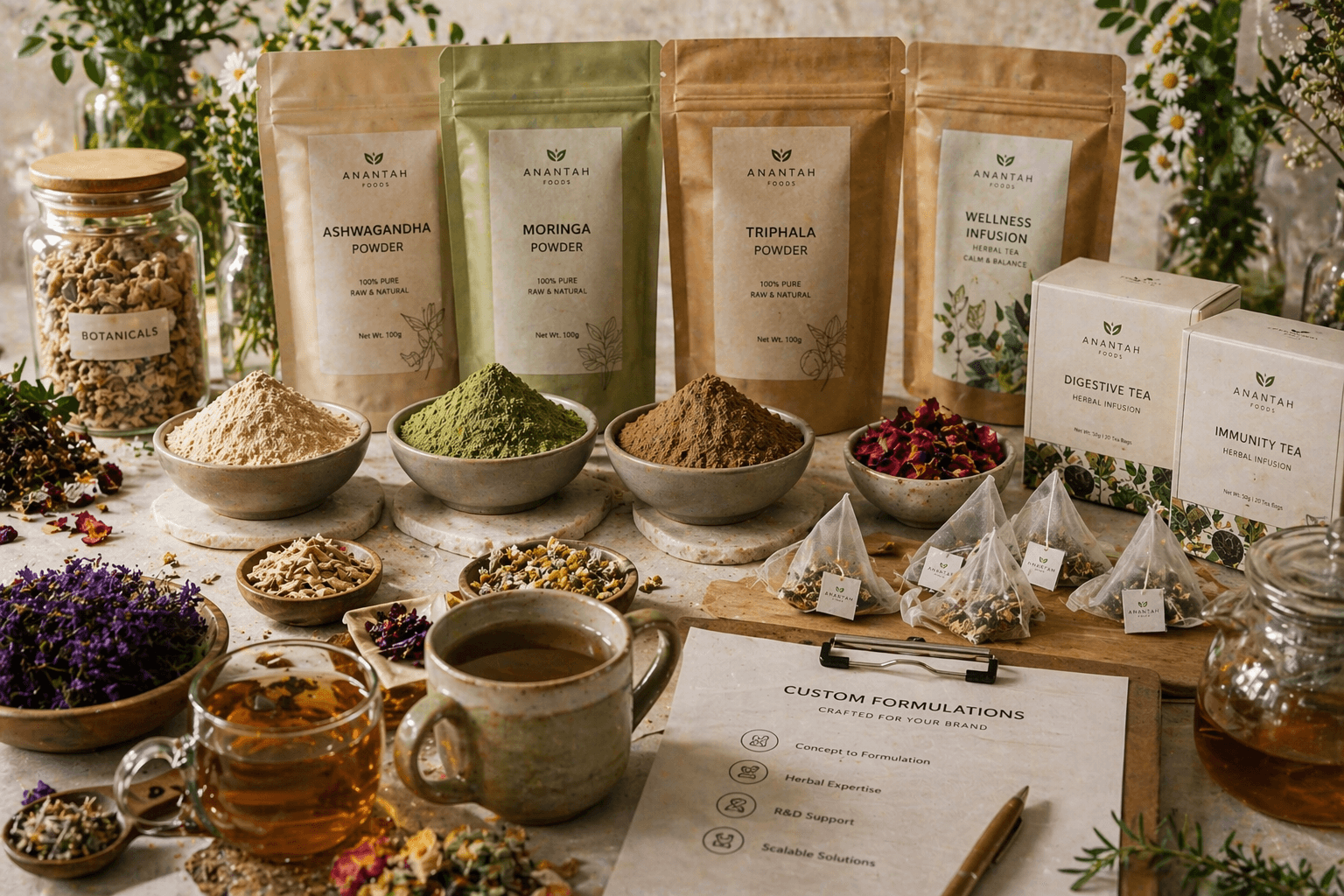 Anantah private label pouches of ashwagandha, moringa and triphala powder with boxed herbal teas