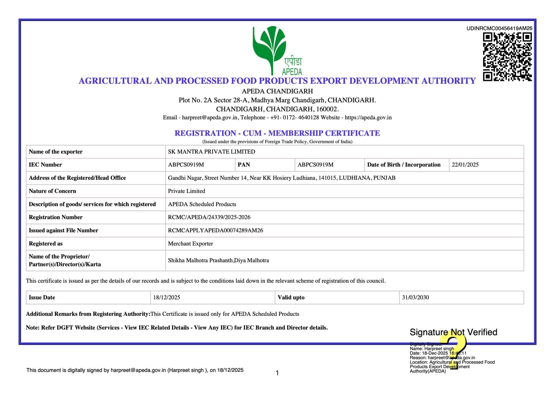 APEDA Registration issued to SK Mantra Private Limited