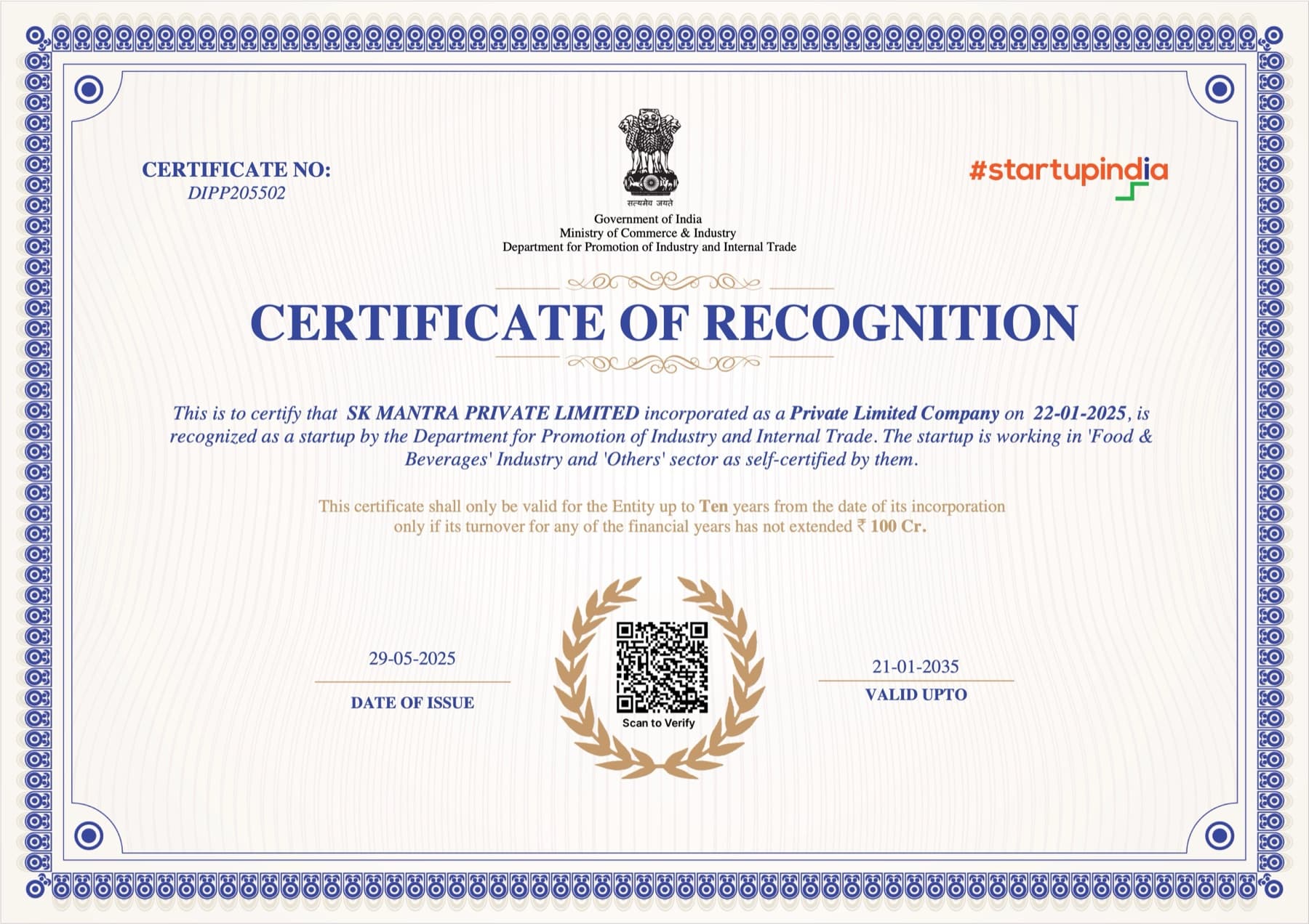 Startup India Recognition issued to SK Mantra Private Limited