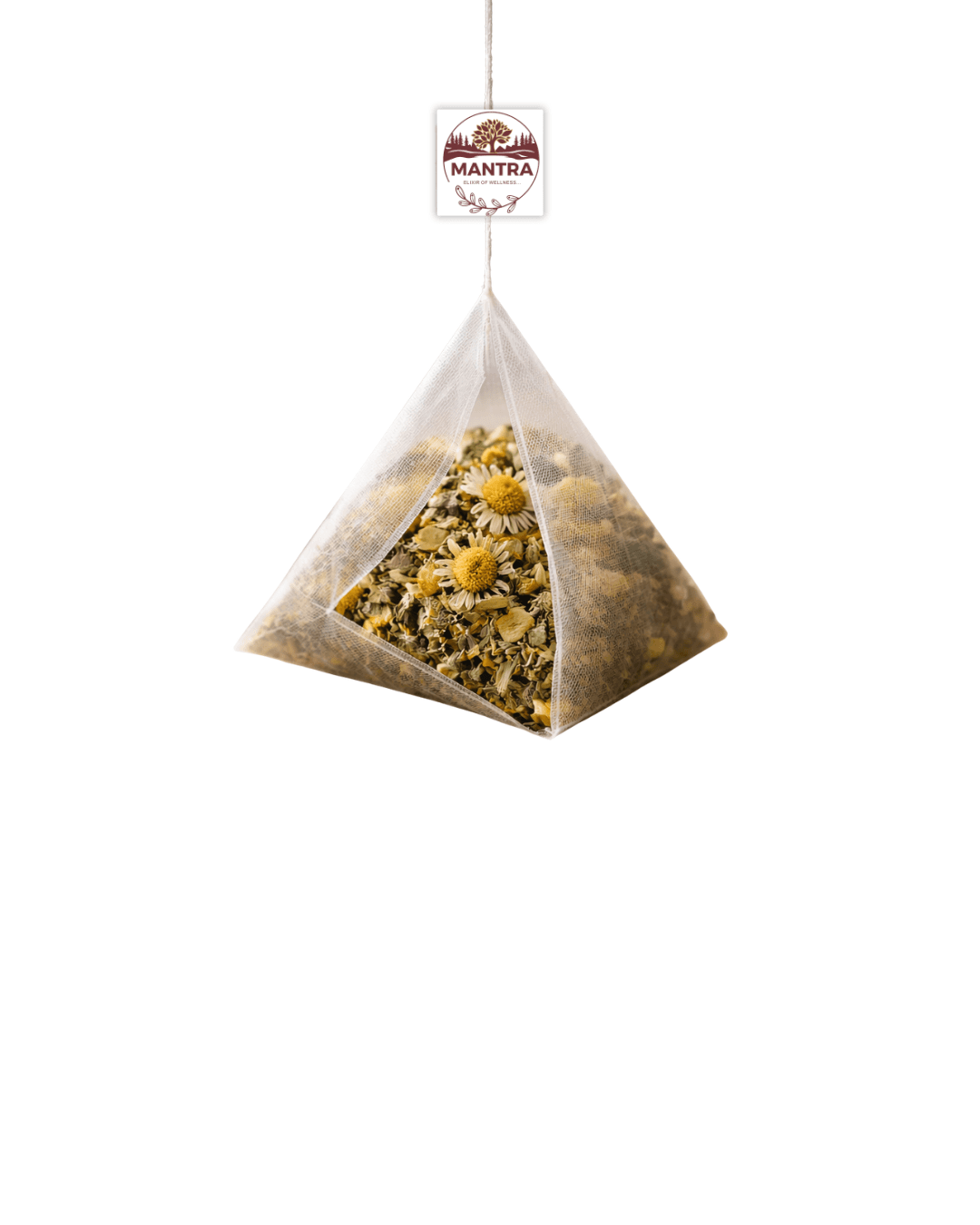 Pyramid teabag filled with chamomile herbal blend