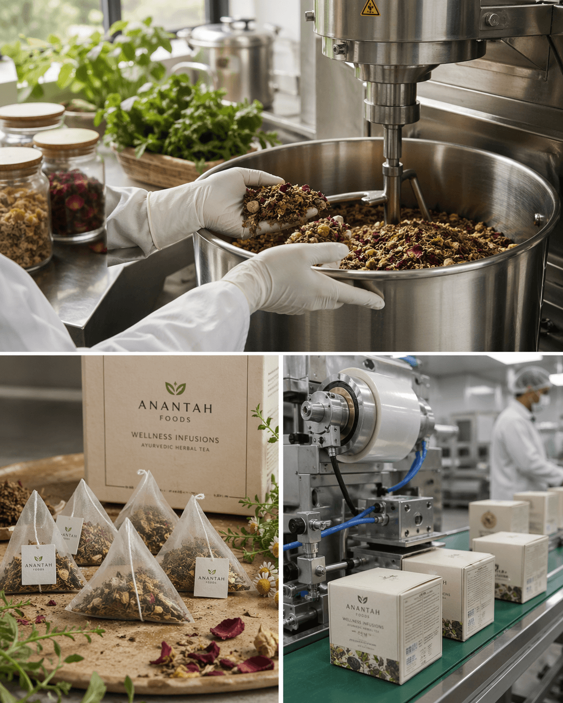 Herbal tea blend being mixed by hand, with pyramid teabags and packed boxes on the line